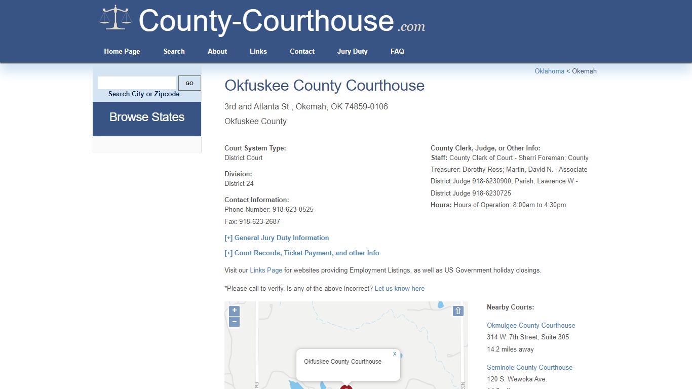 Okfuskee County Courthouse in Okemah, OK - Court Information